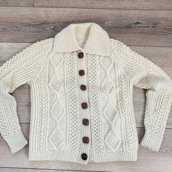 VTG Irish Aran Thick Chunky Cardigan Sweater Fisherman Cable-Knit Wool Handmade - Picture 9 of 10